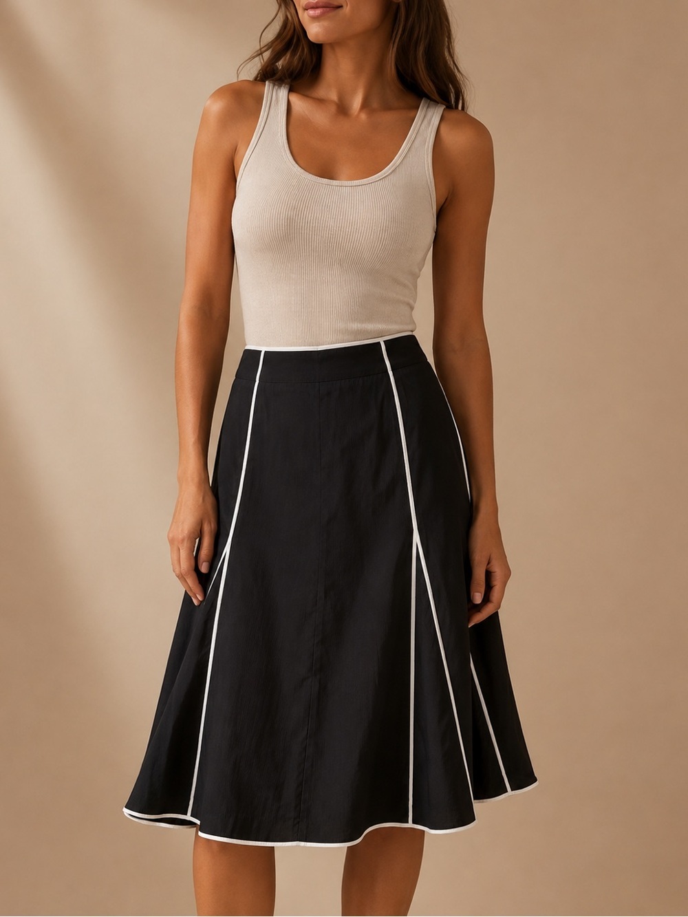 Black & White Piped A-Line Midi Skirt Retro Preppy XL